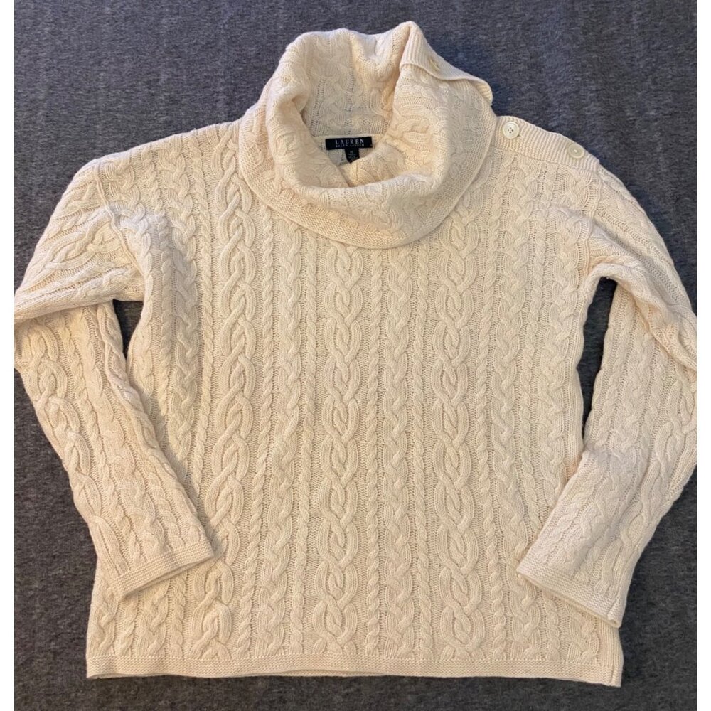 Vtg Lauren Ralph Lauren Womens Sweater XL Lambswool Cashmere Cable Knit Cream - Picture 2 of 4